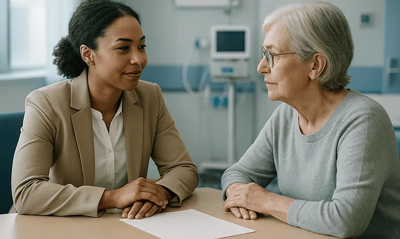Doctor consulting with elderly patient in hospital room.
