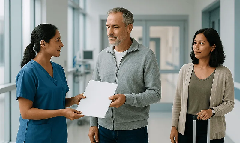 Patient receiving post-treatment instructions from healthcare professional at Acibadem Hospital.