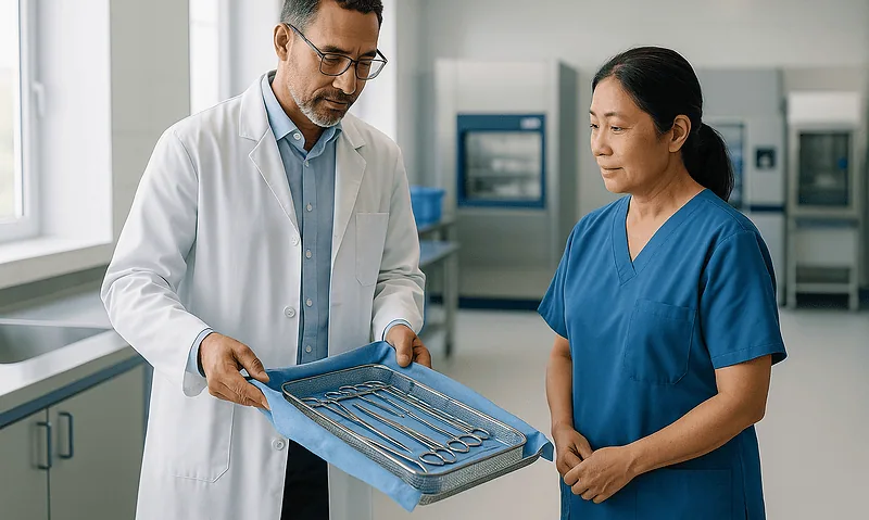 Medical professionals reviewing surgical instruments in a hospital setting.