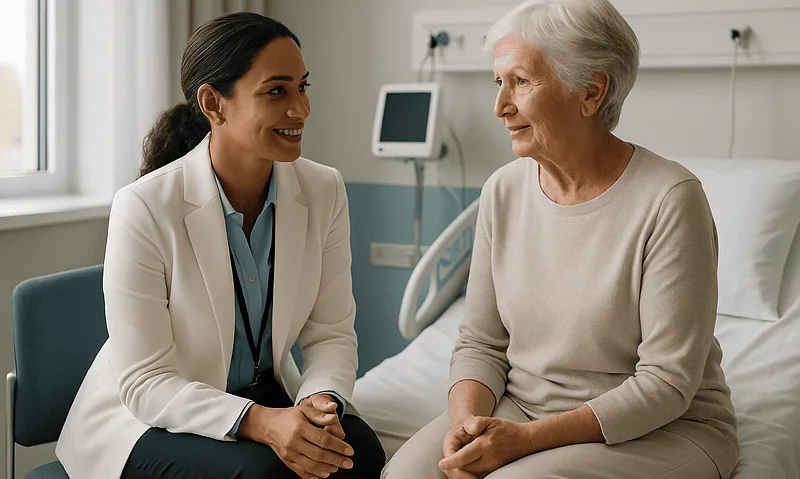 Doctor and elderly patient having a friendly conversation in hospital room.