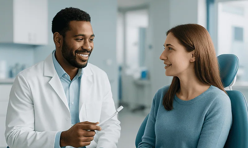Dentist consulting with a patient in a modern dental clinic.