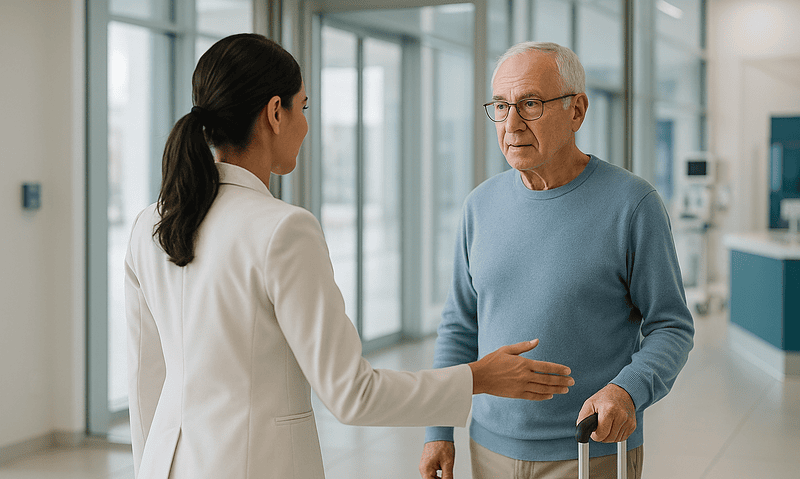 Doctor talking to elderly patient with walker in hospital lobby.