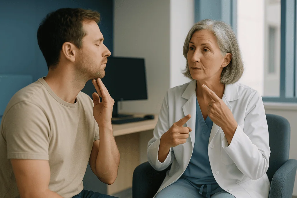 Doctor consulting male patient about jaw or dental concern: How to strengthen jaw muscles safely, and whether you should