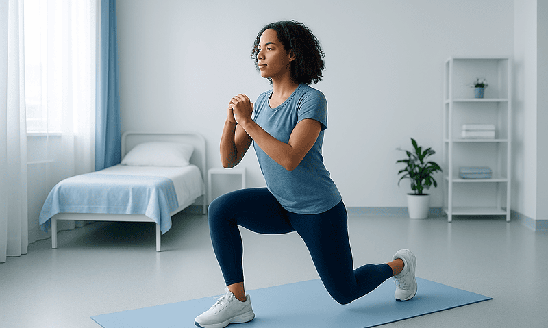 Woman performing knee strengthening exercise in a bright room.