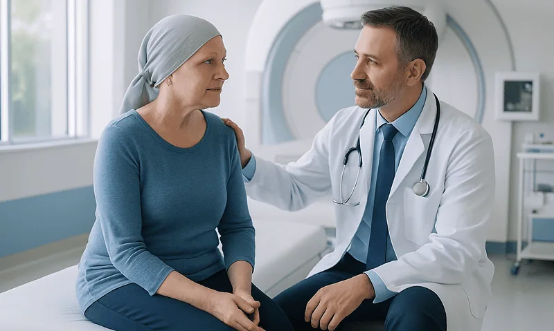 Doctor talking to a patient in a hospital room with medical equipment.