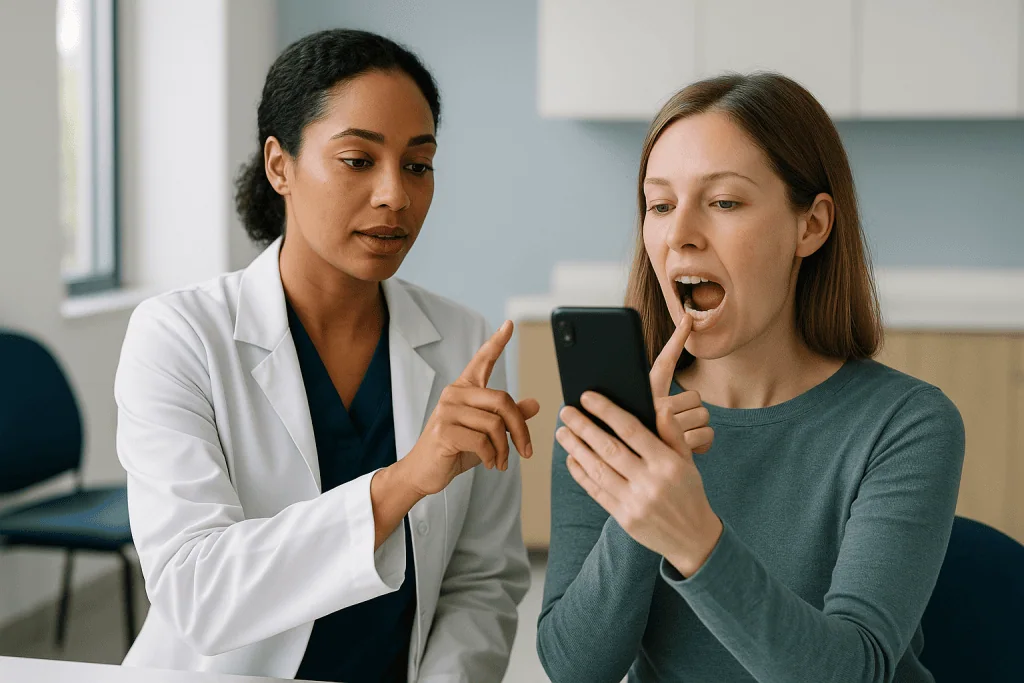 Healthcare provider showing smartphone to patient in clinical setting: How to take photos of your teeth for a dentist