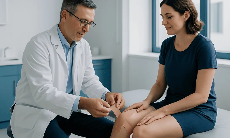 Doctor applying knee tape to a young woman in a medical clinic.
