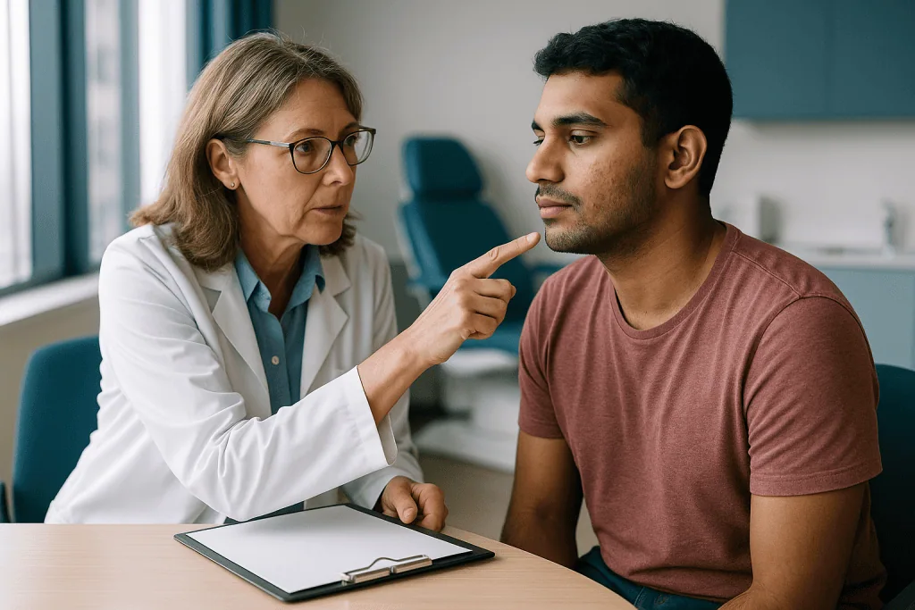 Doctor consulting with male patient at desk: How to tell folliculitis from acne: what dermatologists look at first