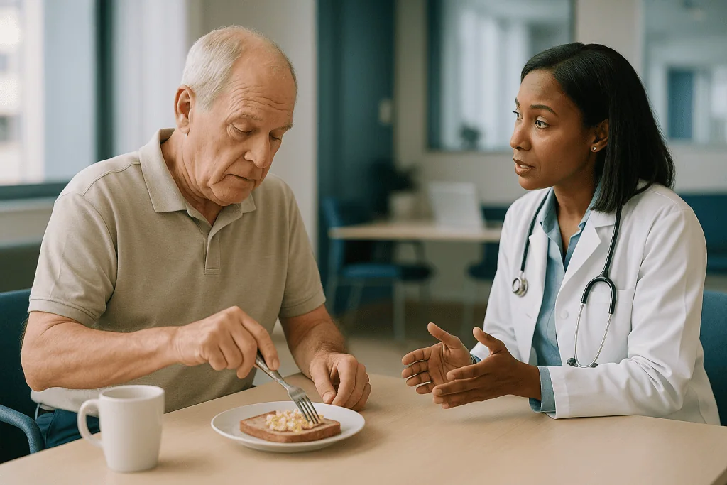 Doctor consulting elderly patient during meal: How to tell if a tremor is serious, and how to tell if it is probably not