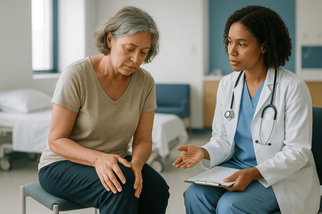 Doctor consulting patient about knee or leg pain: How to tell if joint pain is from menopause