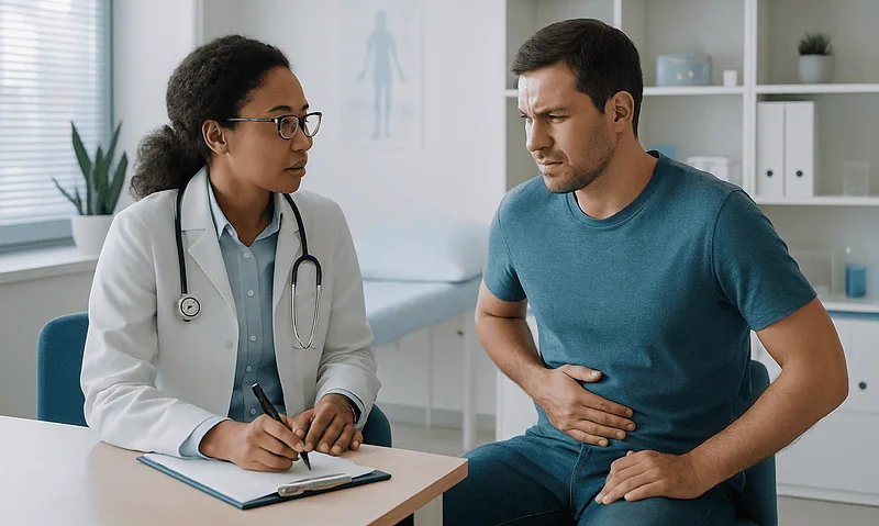 Doctor consulting with a patient about abdominal pain in a medical office.