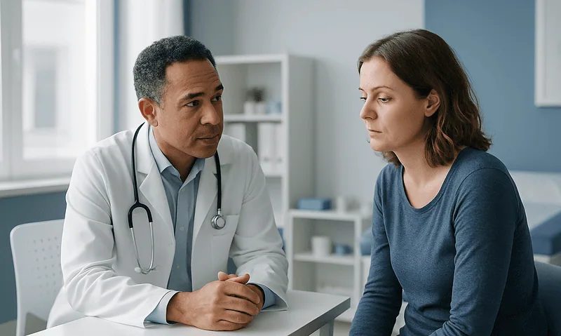 Doctor consulting with a female patient in a medical office.
