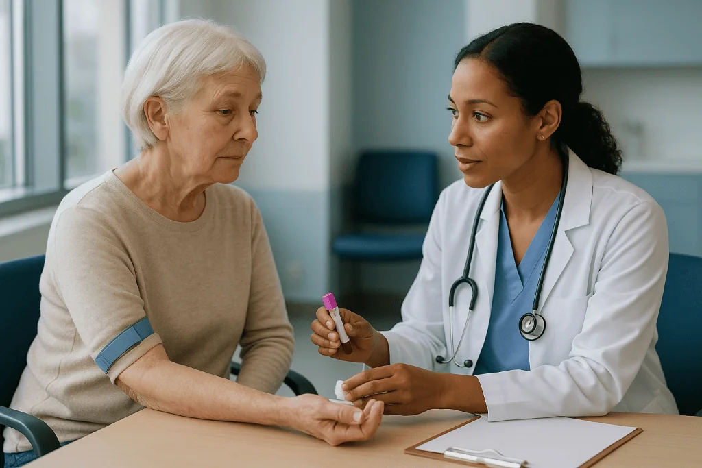 Doctor showing blood test result to elderly patient: How to test for hyperparathyroidism: the blood work that settles it