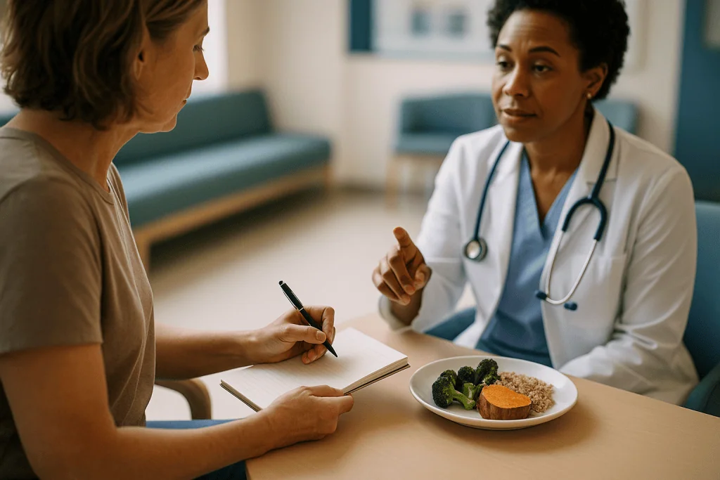 Doctor consulting patient with meal plate present: How to track IBS symptoms so a clinician can read them