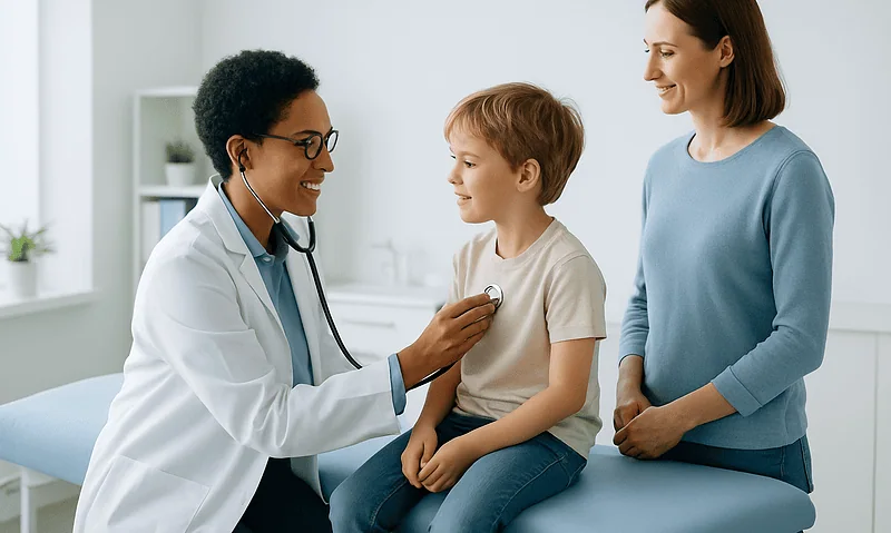 Doctor examining a young boy with a stethoscope in a clinic setting.