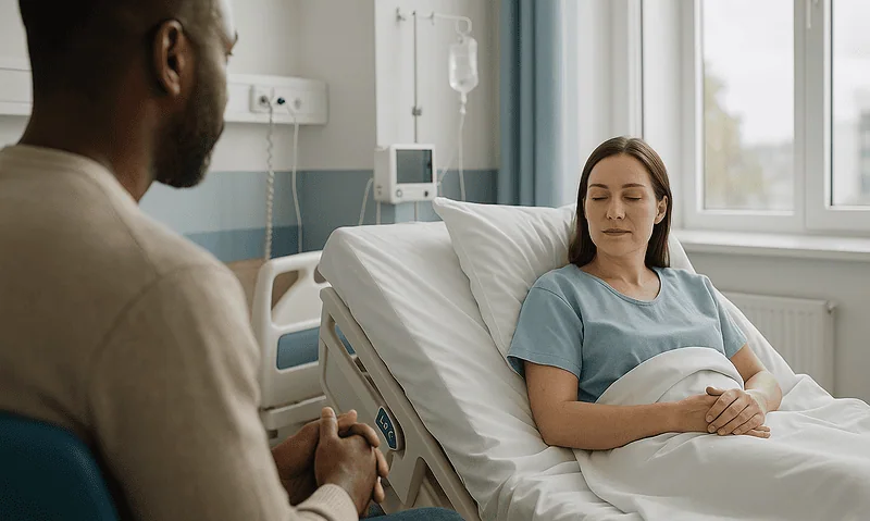Patient and visitor having a private conversation in hospital room.