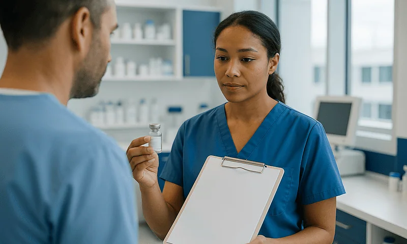 Healthcare professional discussing medication with patient in hospital setting.