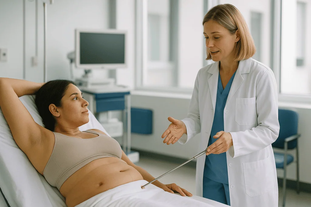 Pregnant woman receiving ultrasound examination from female doctor: How traditional liposuction actually happens, step by st