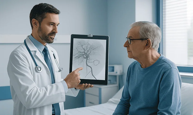 Doctor explaining angiogram to patient in hospital room.