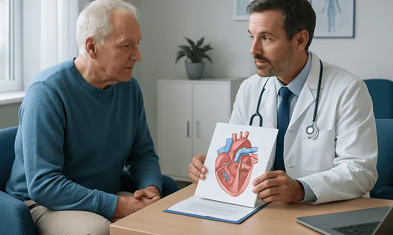 Cardiologist explains transcatheter mitral clip procedure to patient.