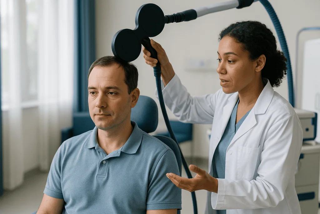 Medical professional administering TMS treatment to patient: How transcranial magnetic stimulation works, in plain language