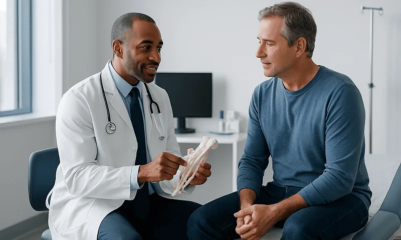 How Trauma Reconstruction Surgery Rebuilds Bone, Nerve and Soft Tissue in Stages 3 Doctor explaining bone reconstruction to patient in a medical consultation room.