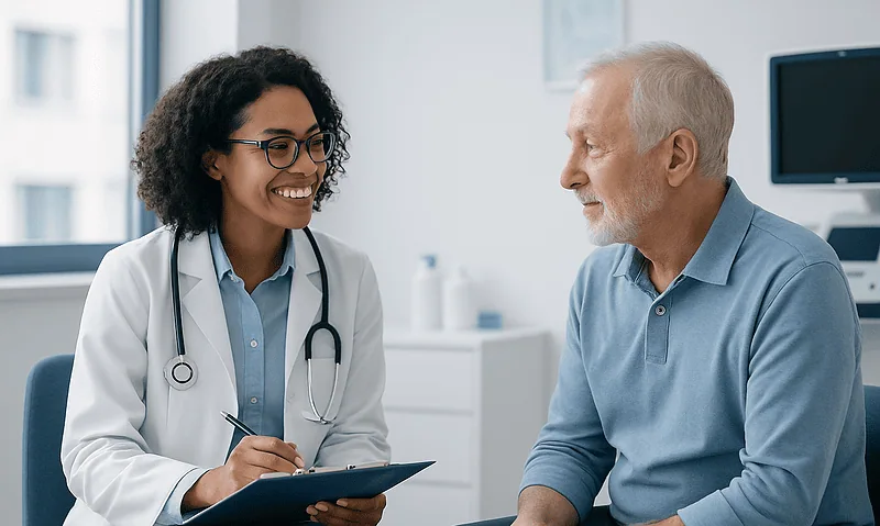 Doctor consulting with an elderly male patient in a modern clinic setting.