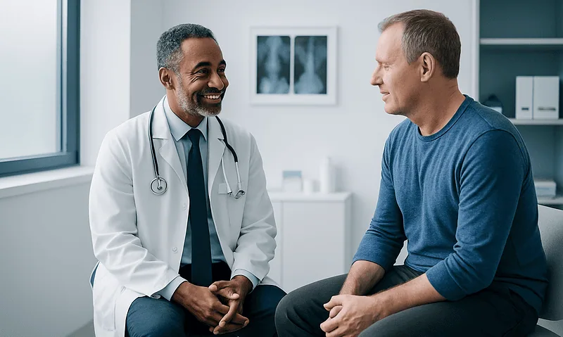 Doctor consulting with male patient in a modern hospital room.