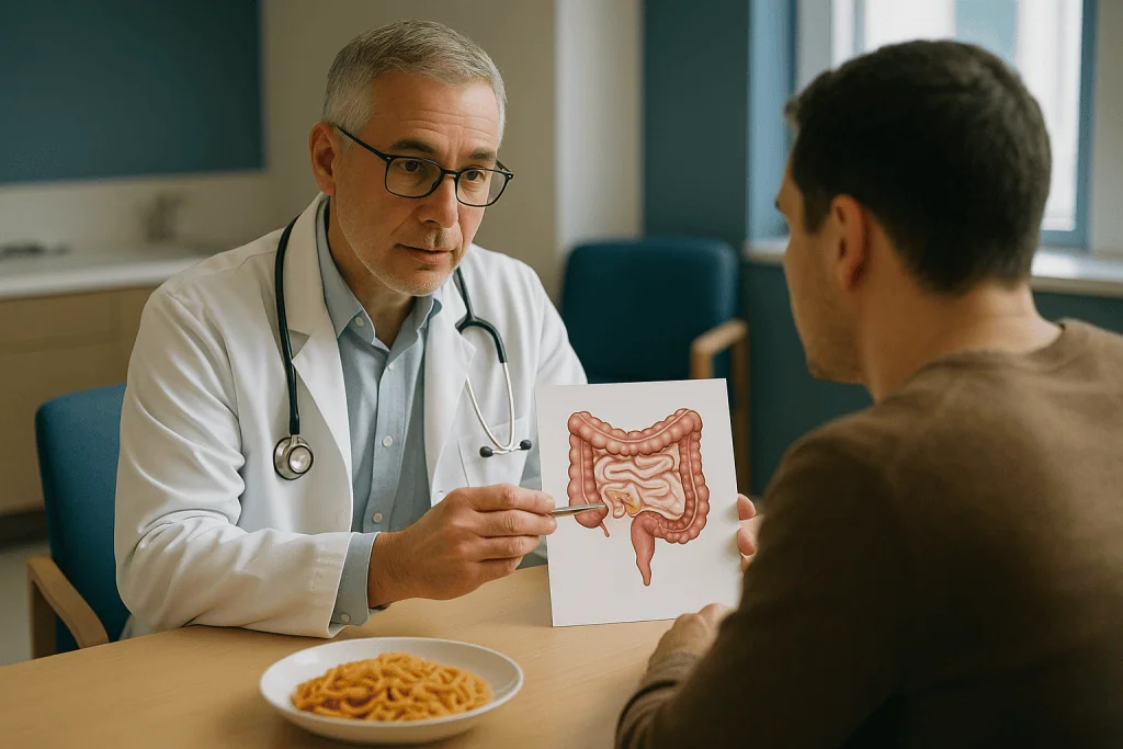 Doctor explaining digestive system diagram to patient: How ulcerative colitis works, and why it keeps coming back