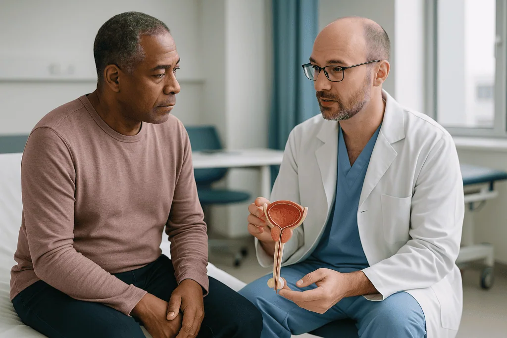 Male doctor consulting adult male patient with anatomical model: How urethroplasty works, in plain language