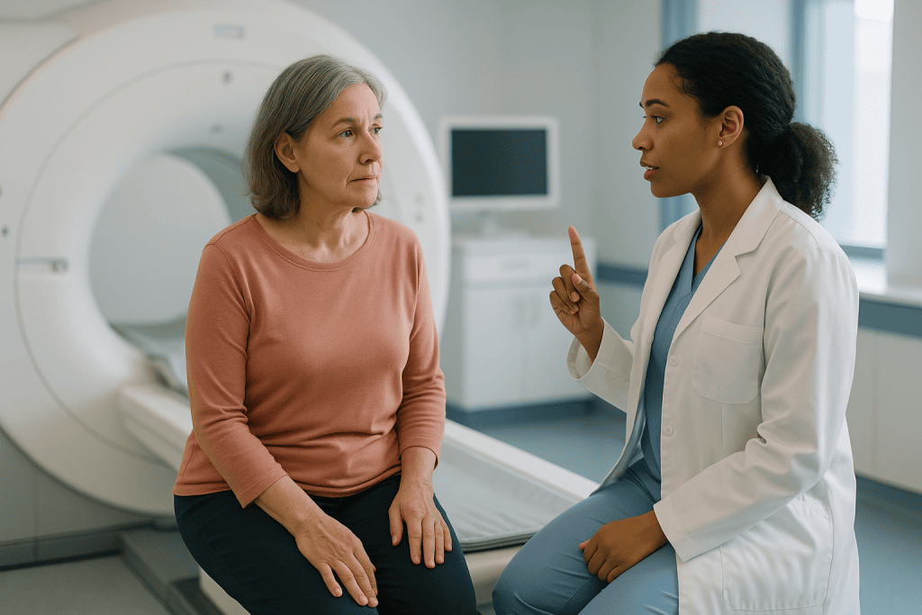 Doctor consulting with older female patient in medical facility: How urinary tract MRI differs, and when it is chosen instea