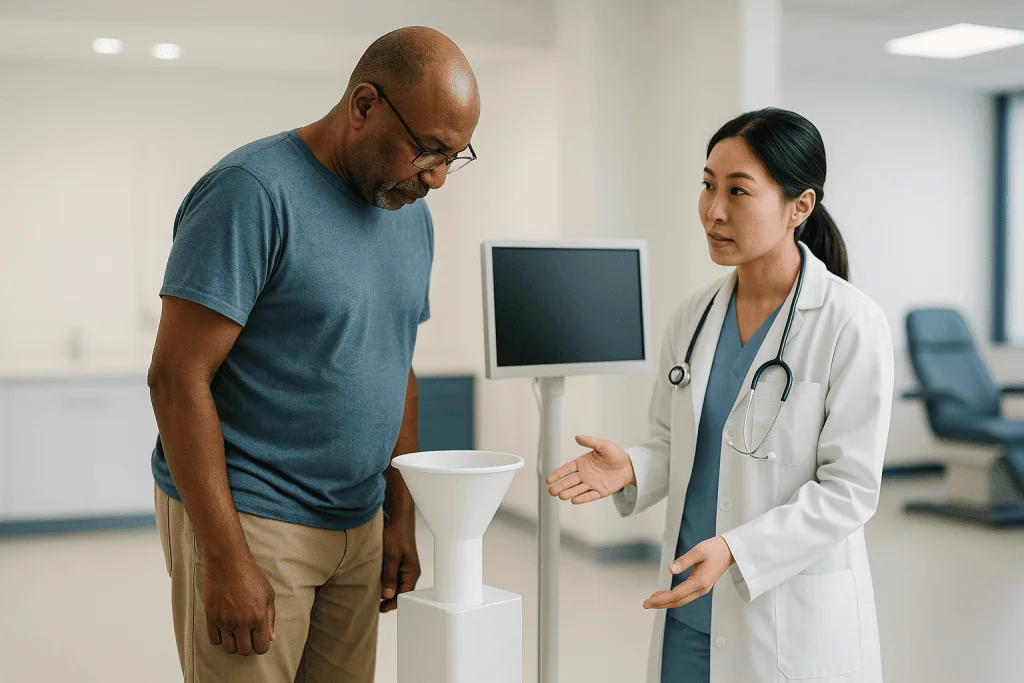Doctor consulting male patient in clinical setting: How uroflowmetry actually works: what happens in the room