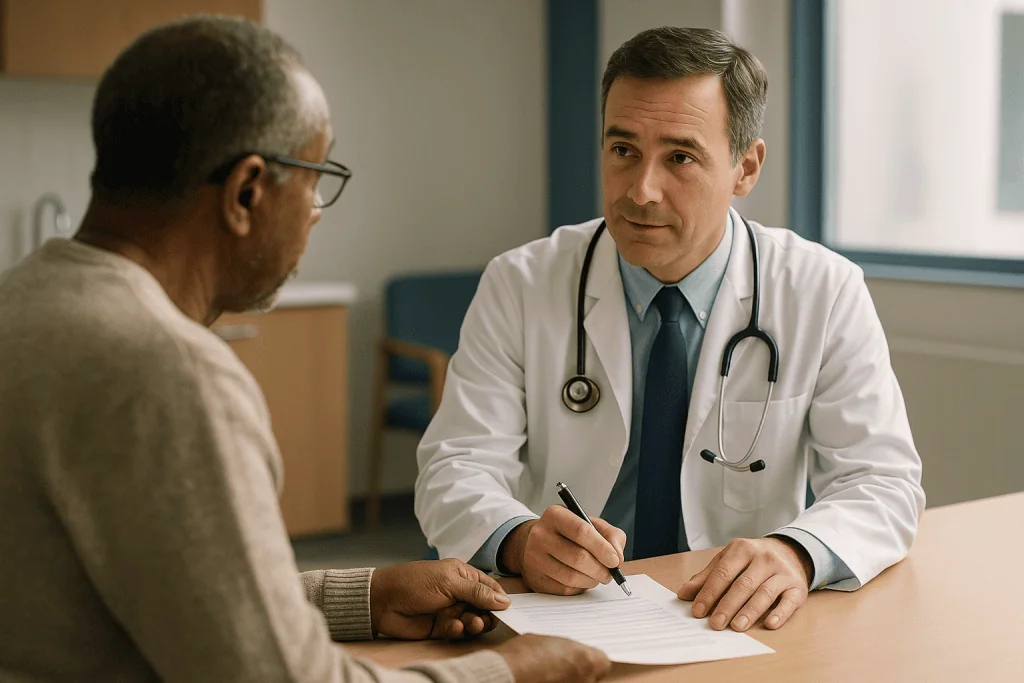 Doctor consulting with adult male patient at desk: How urologists decide: the tests behind the plan
