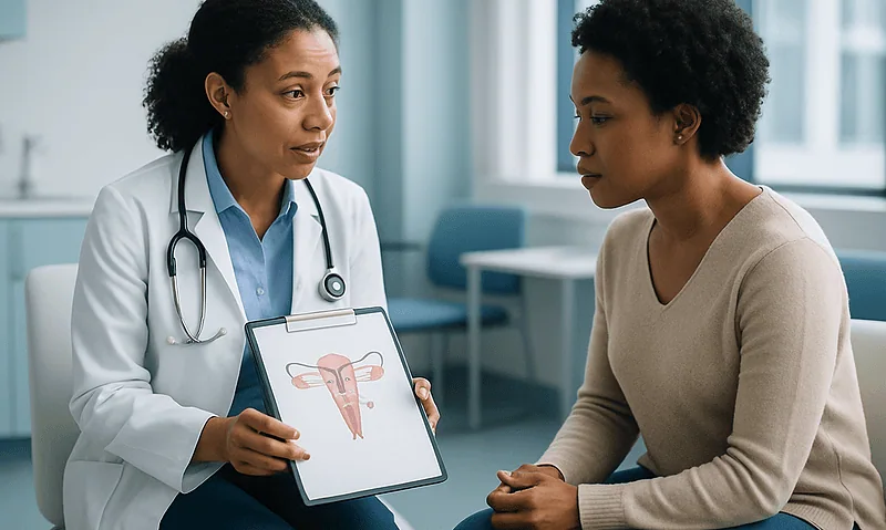 Doctor explains uterine health to patient with diagram of female reproductive system.