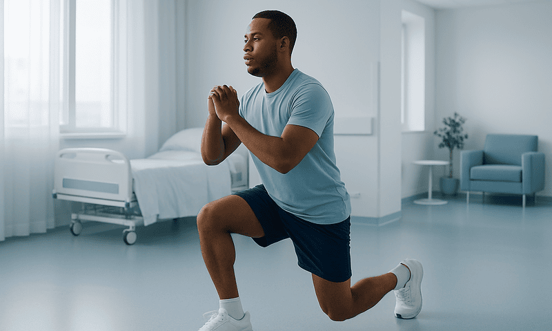 Man performing balance exercise in a clinical setting.