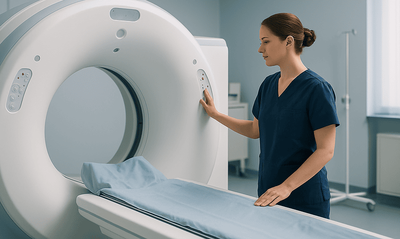 Medical professional operating a CT scanner in a hospital setting.