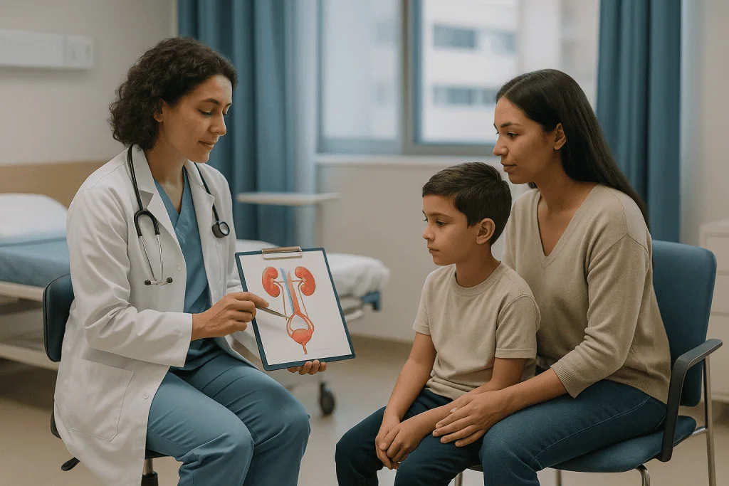 Doctor explaining urinary system diagram to child and mother: How VUR surgery actually works: reimplantation and endoscopic 