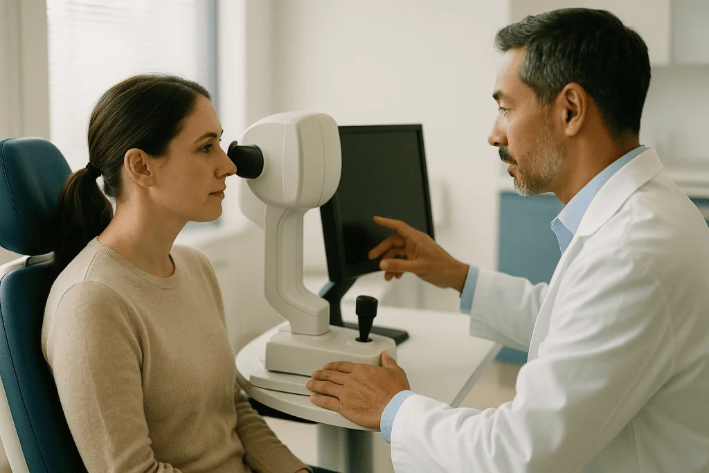 Ophthalmologist examining patient with autorefractor device: How wavefront guided LASIK works, step by step