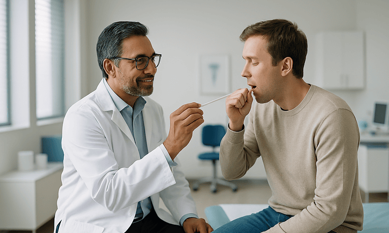 Doctor performing a nasal swab test on a patient in a clinic setting.