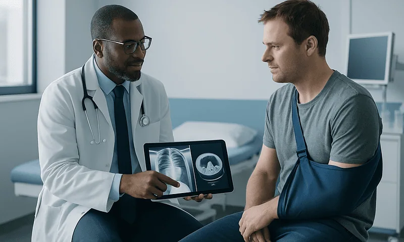 Doctor explaining X-ray and CT scan results to patient in hospital.
