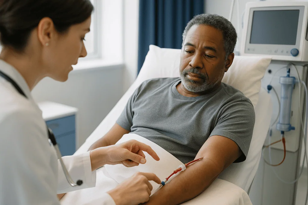 Healthcare provider examining dialysis patient during treatment: How your access is prepared: fistula, graft or catheter