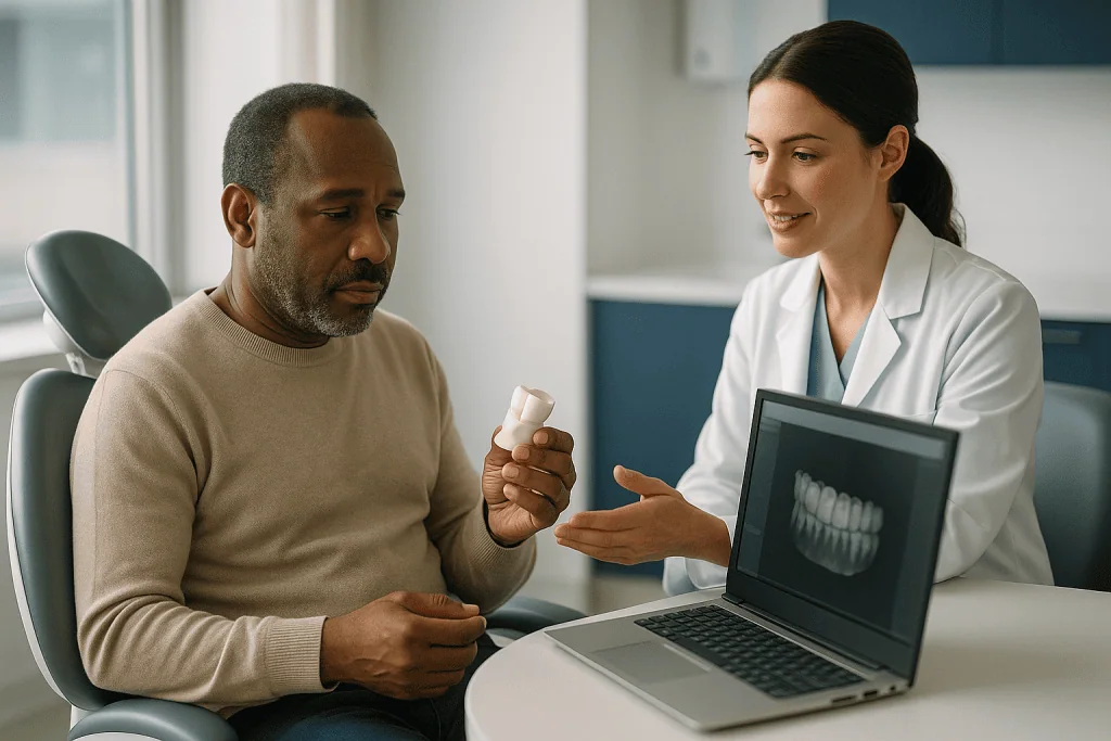 Female dentist consulting male patient about dental treatment: How zirconia teeth actually work: from scan to seated crown