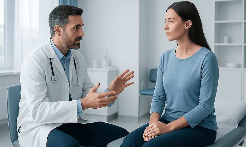 Doctor consulting patient about facial surgery options in clinic.