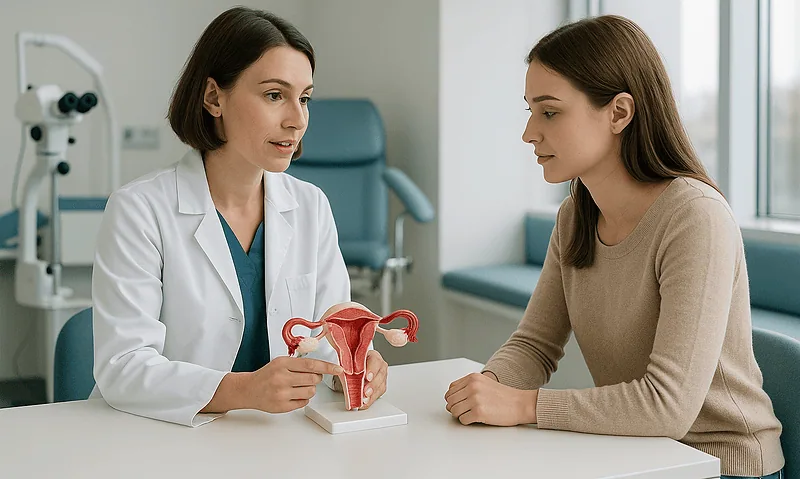 Doctor explaining HPV-related reproductive health to a patient with a model of female reproductive系统.