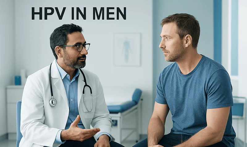 Doctor discussing HPV in men with patient in clinic setting.