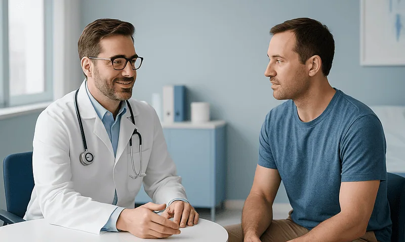 Doctor consulting with male patient in a medical office setting.