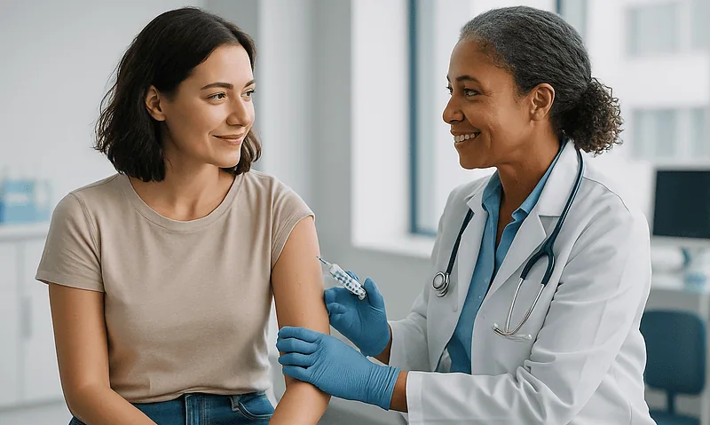 Doctor administering HPV vaccine to a young woman in a clinic setting.