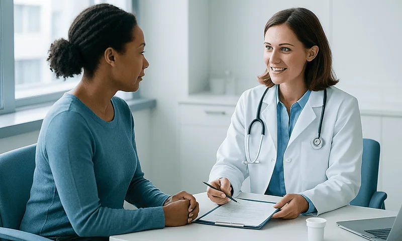 Doctor consulting with a patient about HPV and herpes symptoms in a clinic.