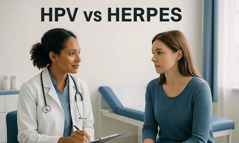 Doctor discussing HPV and Herpes with patient in clinic.