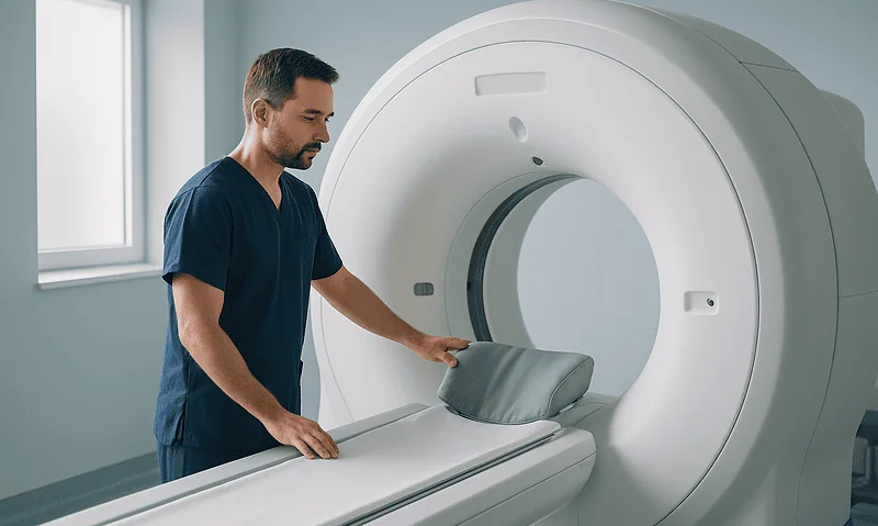 Medical technician prepares MRI machine for patient scan at Acibadem Hospital.